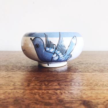 Vintage Mexican Painted Ceramic Bowl - Blue with Bird 