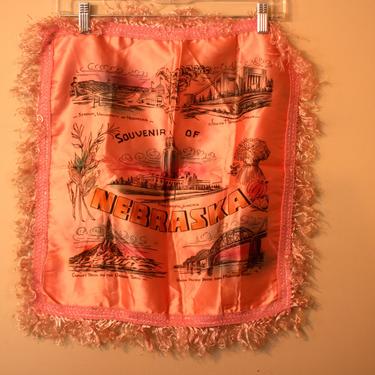 vintage Nebraska souvenir pillow cover/pink satin/scenes of Nebraska/fringe 