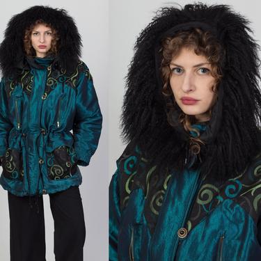 90s Mongolian Lamb Fur Trim Puffer Jacket - Women's Large | Vintage Shiny Blue Hooded Winter Streetwear Coat 