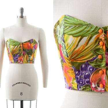 Vintage 1980s Crop Top | 80s Fruit Novelty Print Cotton Sweetheart Neckline Cropped Blouse Bustier Sun Top (small) 