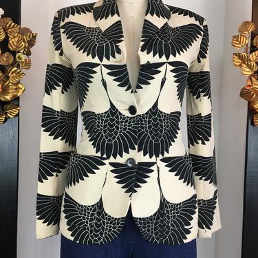 1970s designer jacket, novelty print jacket, bird print jacket, Scott Barrie, black and white silk, size small, vintage 70s suit jacket, 32 by melsvanity
