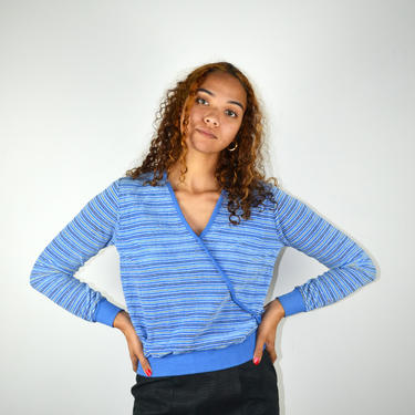 Vintage 70s 80s Shirt / Vintage Terry Cloth Sweatshirt / Blue Gold Striped Sweatshirt / Wrap Front / Medium / 1980s 1970s / Shirt Women 