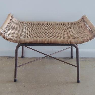 Vintage Modern Wicker and Wrought Iron Foot Stool Bench 