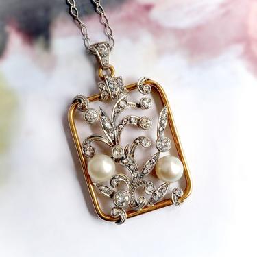 Retro 1940s Pearl and Old European and Rose Cut Diamond Pendant 14K and Platinum on 30 in. Chain 
