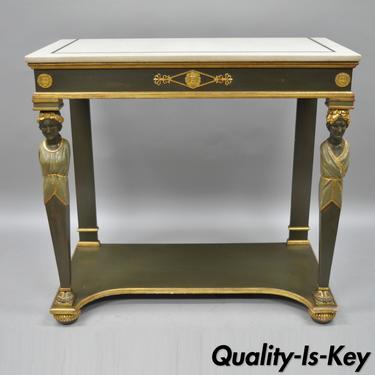 Early 20th C French Empire Green Painted Marble Top Figural Console Hall Table