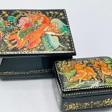 Pair of Russian Black Lacquer Hand Painted Palekh Trinket Boxes-Signed -Russian Troyka 2&amp;quot; and 1 .5&amp;quot; 