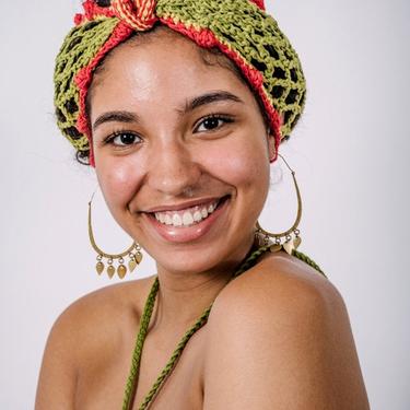 Sojourn Bandana in Lion-Red Gold & Green /Crochet Turban Headband/Cotton Mesh Headband/Long Crochet Mesh Headband 