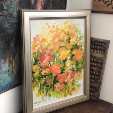 Free Shipping Signed Framed Vintage Warm Toned Floral Flowers Scenic Painting Mid Century Modern Retro 
