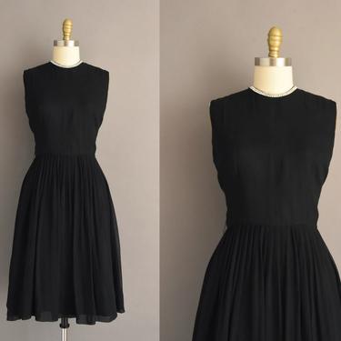 vintage 1950s dress | Beautiful Jet Black Rhinestone Collar Full Skirt Chiffon Cocktail Party Dress | Large | 50s vintage dress 