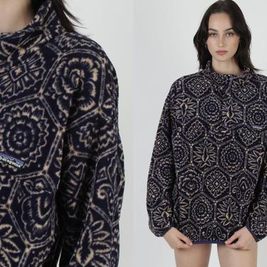 Vintage Patagonia Aztec Print Fleece / Made In USA Floral Tile Snap T Jacket / Pullover Mens Unisex Jacket Large L 