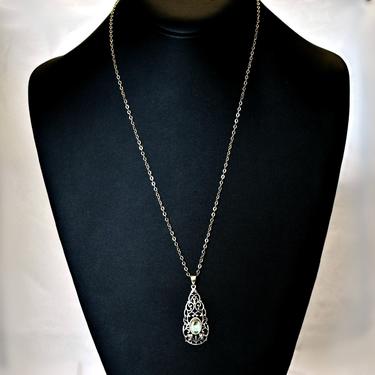 70's sterling filigree abalone romantic hippie teardrop pendant, elegant detailed 925 silver vines oval paua shell organic boho necklace, NV 