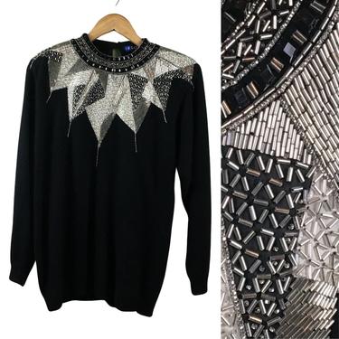 1980s black, silver and white geometric beaded sweater - I.B. Diffusion - size small 