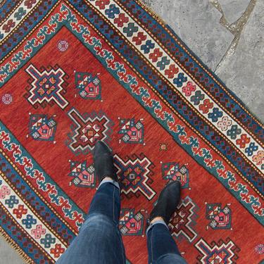 Antique 4’ x 6’11” Medium Armenian Cross Design Rug Blue Brick Red Hand-Knotted Wool Low Pile Rug 1910s- FREE DOMESTIC SHIPPING 
