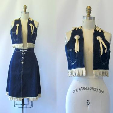 GOOD JEANS Vintage 50s Vest &amp; Skirt Set | 1950s Pioneer Wear Two Piece Fringe Denim Set | Cowgirl Western Rockabilly VLV, Size Small Medium 