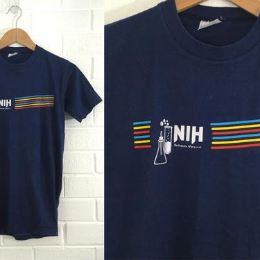 Vintage NIH Blue Tshirt Bethesda Maryland MD Screen Stars Style Small White Stripes Short Sleeve National Institutes of Health Women's Worn 