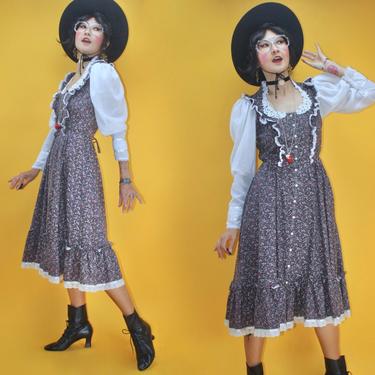 Vintage 1970s Romantic GUNNE SAX Queen Ann Collar Mutton O Leg Sleeves Ditzy Floral Calico Prairie Dress/SZ M/70s 80s 1980s Cottagecore Boho 