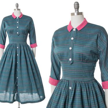 Vintage 1950s Dress | 50s Striped Teal Pink Button Trim Faux Shirtwaist Full Skirt Day Dress (small) 