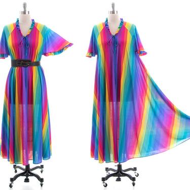 Vintage 1970s 1980s Trapeze Dress | 70s 80s Rainbow Striped Colorful Kaftan Maxi Mumu Dress (xs-xl) 