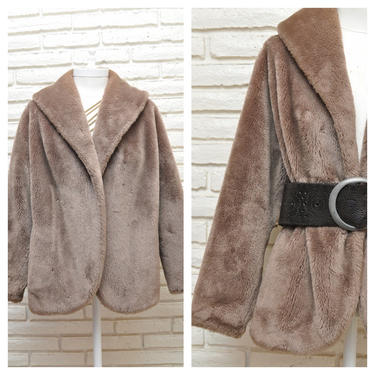 1960’s Brown Faux Fur Jacket by Borgana  Open Front Wide Collar Winter Coat 