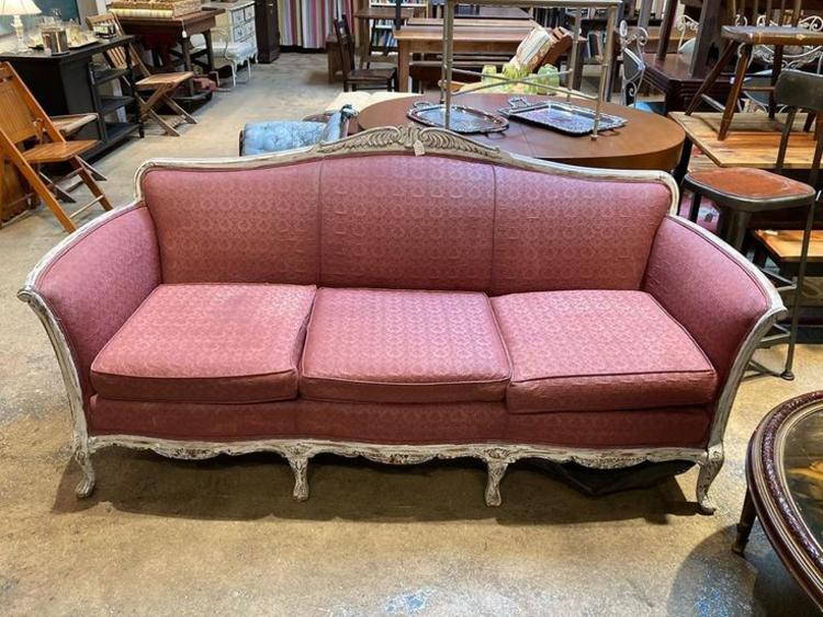 White washed rose colored Victorian sofa. 79” long 36”tall 29” deep. Seat is 22” deep 18” high 