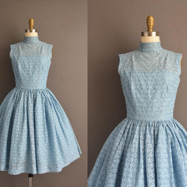 1950s vintage dress | Adorable Chambray Blue Lace Sweeping Full Skirt Bridesmaid Dress | XS Small | 50s dress 