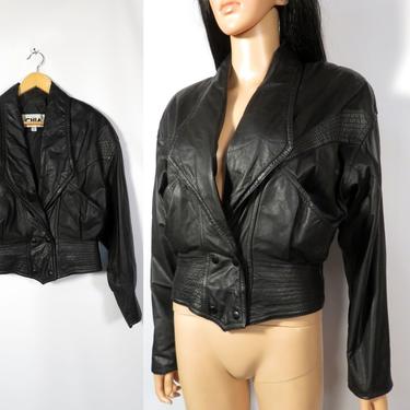 Vintage 80s Black Leather Cropped Motorcycle Blazer Jacket Size M 