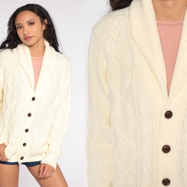 Cable Knit Cardigan 70s Cream Fisherman Sweater Boho Hippie Acrylic Button Up Grandpa Slouchy 1970s Vintage Bohemian Cableknit Large 