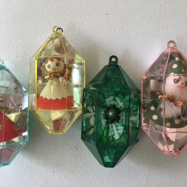 Mid Century Plastic Diorama Ornaments, Christmas Jewelbrite, Hexagonal Colored Plastic, Xmas Ornaments, Vintage 