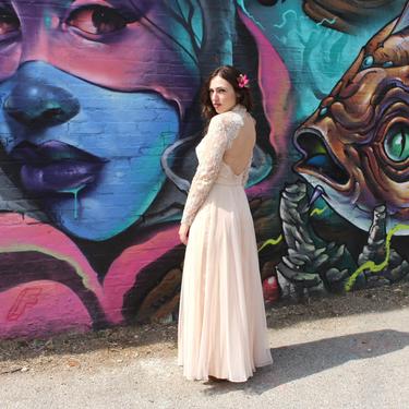 Vintage 1970s Blush Pink & Ivory Lace Wedding Dress - Long Sleeve, Open Back - S/M 28&quot; Waist 