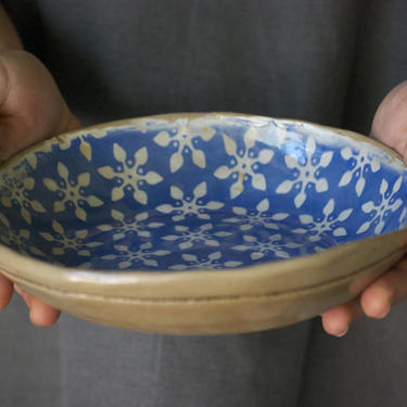 Blue Ceramic plate, Handmade plate, salad bowl, pasta bowl, decorated plate, blue pottery, snowflake print, housewarming giftserving dish 