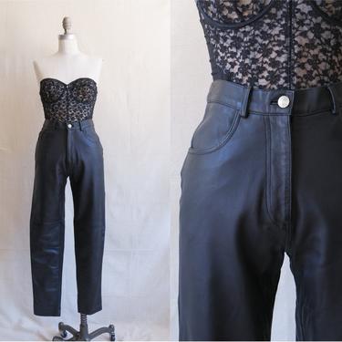 Vintage 90s Black Leather Pants/ 1990s High Waisted Straight Leg Leather Trousers/Hugo Buscati/ Size Small 27 