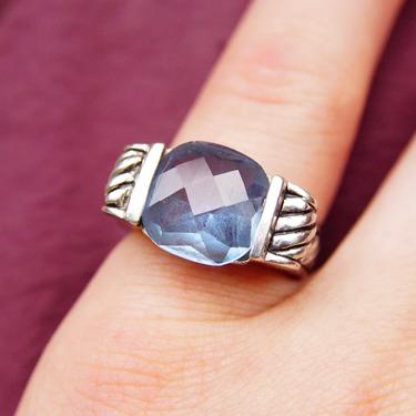 Vintage Sterling Silver Faceted Blue Gemstone Ring, Ornate Silver Ring With Cut Out Details, Cushion Cut Gemstone, Size 6 1/4 US 