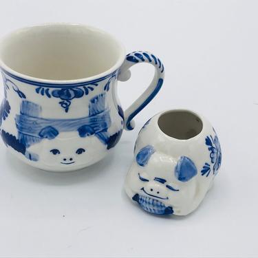Vintage (2) PC Delft Blue Hand Painted Coffee Tea Cup with 3D Pig Stuck in a Fence and matching small vase Holland- Authentic 