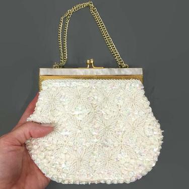 VINTAGE 50s Beaded Sequined Ivory White Evening Bag Mother of Pearl | 1950s Chain Handle Kiss Lock Purse | Wedding Bridal Handbag Hong Kong 
