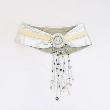 80s Glam Vintage Silver Metallic Leather Fringe Belt Beaded Boho Wedding Belt silver Leather Belt Medium Large Wide 80s Designer belt 
