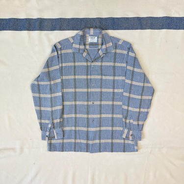 Size Medium Vintage 1950s Arrow Camp Collar Nassau Cloth Gray Yellow Blue Windowpane Plaid Loop Collar Shirt 
