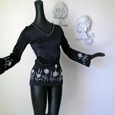 Groovy Bell Sleeve Disco Sweater 70s MOD Hippie Boho Black Metallic Tunic Top Vintage 1970s Faux Pearl Embroidered Top Small 