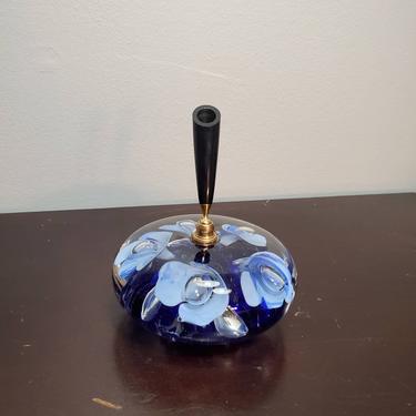 Joe St. Clair Blue Floral Pen Holder Paperweight. Office Pen Holder. Glass Paper Weight. Periwinkle Blue Flowers 