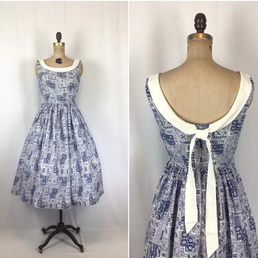 Vintage 50s dress | Vintage blue white bandana print dress | 1950s fit and flare day dress 