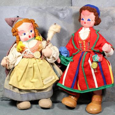 Pair of Portuguese Folk Art Dolls - Mascotes de Maria Helena Hand Made Cloth Dolls - Spinner and Girl with Flowers | FREE SHIPPING 