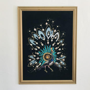 MID CENTURY MODERN Framed Black Velvet Peacock Artwork #LosAngeles 