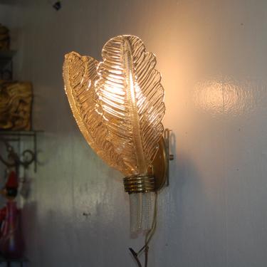 French Brass Wall Sconce w/ 3 Fanning Italian Murano Barovier &amp; Toso Gold Aventurine / Dust Inclusions Art Glass Feathers ~ 1940's ~ 1st 
