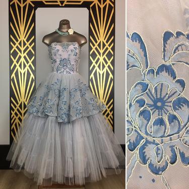 1950s party dress, vintage prom dress, powder blue tulle, fit and flare, tea length, cupcake, x-small, 24 waist, full tiered skirt, formal 