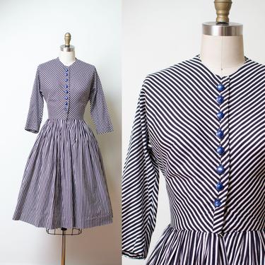 1950s Black &amp; White Striped Dress / 50s Shirtwaist Dress Carol Craig 