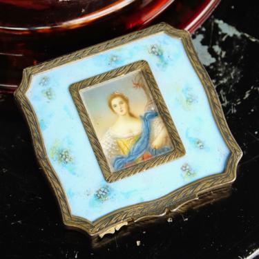 Victorian 800 Silver Gilt Enamel Hand Painted Powder Compact Mirror, Signed Miniature Portrait, Ornate Engraved Border & Backside, 3 1/8&quot; 