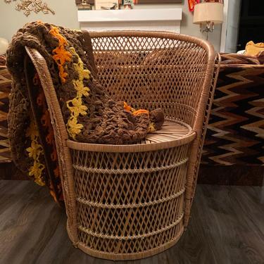 Vintage 1970s Wicker and Rattan Chair Peacock 