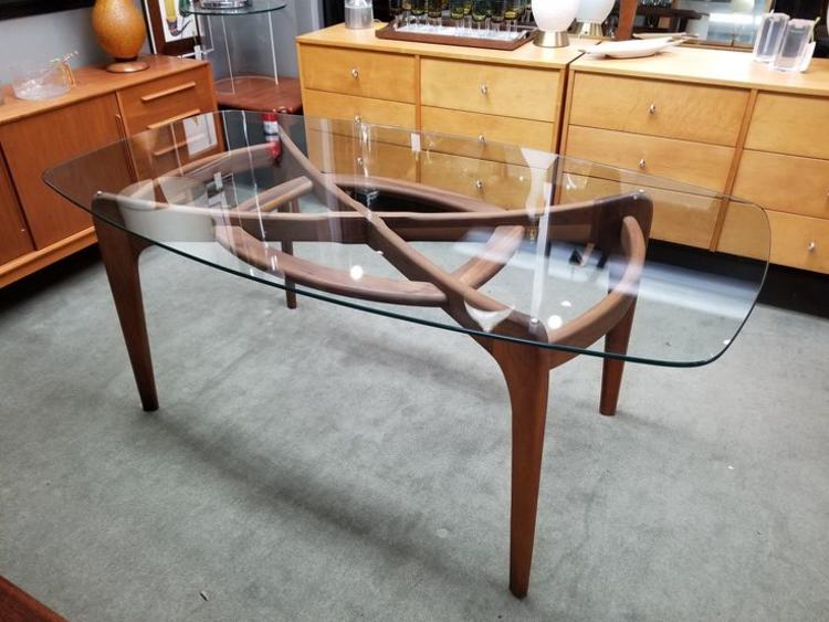 Mid-Century Modern glass and walnut oval dining table by Adrian Pearsall