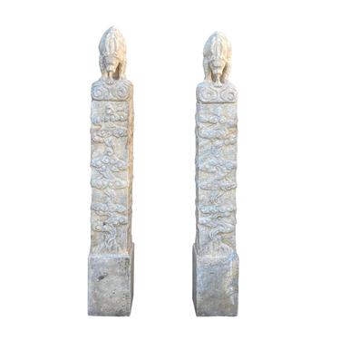 Chinese Pair Off White Marble Stone Fengshui Pixiu Pole Statues cs7218E 
