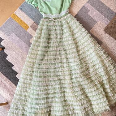 70s Mint Green Lace Prom Dress / Bridemaids Dress / Green Maxi Dress / 70s Tulle Dress / Size S/M 