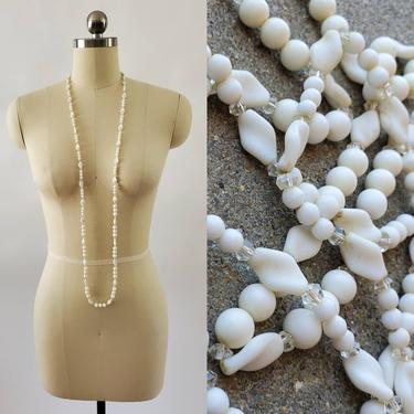 1960's Long Flapper Style Czech Glass Necklace 46&quot; - 60s Milk Glass Beaded Necklace - 60's Jewelry 